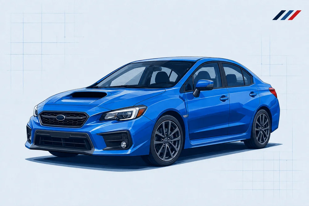 Stylized blue VA-generation WRX illustration on a pale technical-grid background