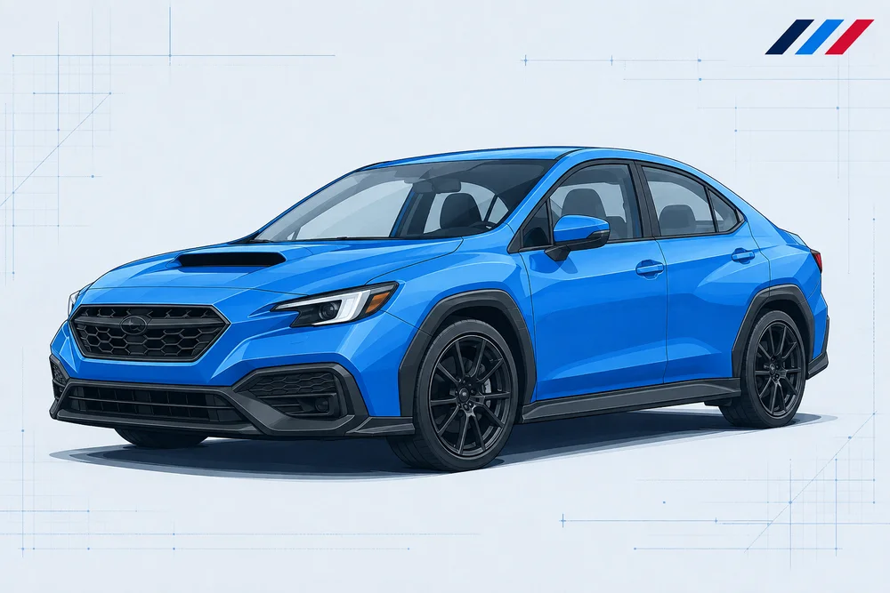 Stylized blue VB-generation WRX illustration with angular wheel-arch cladding